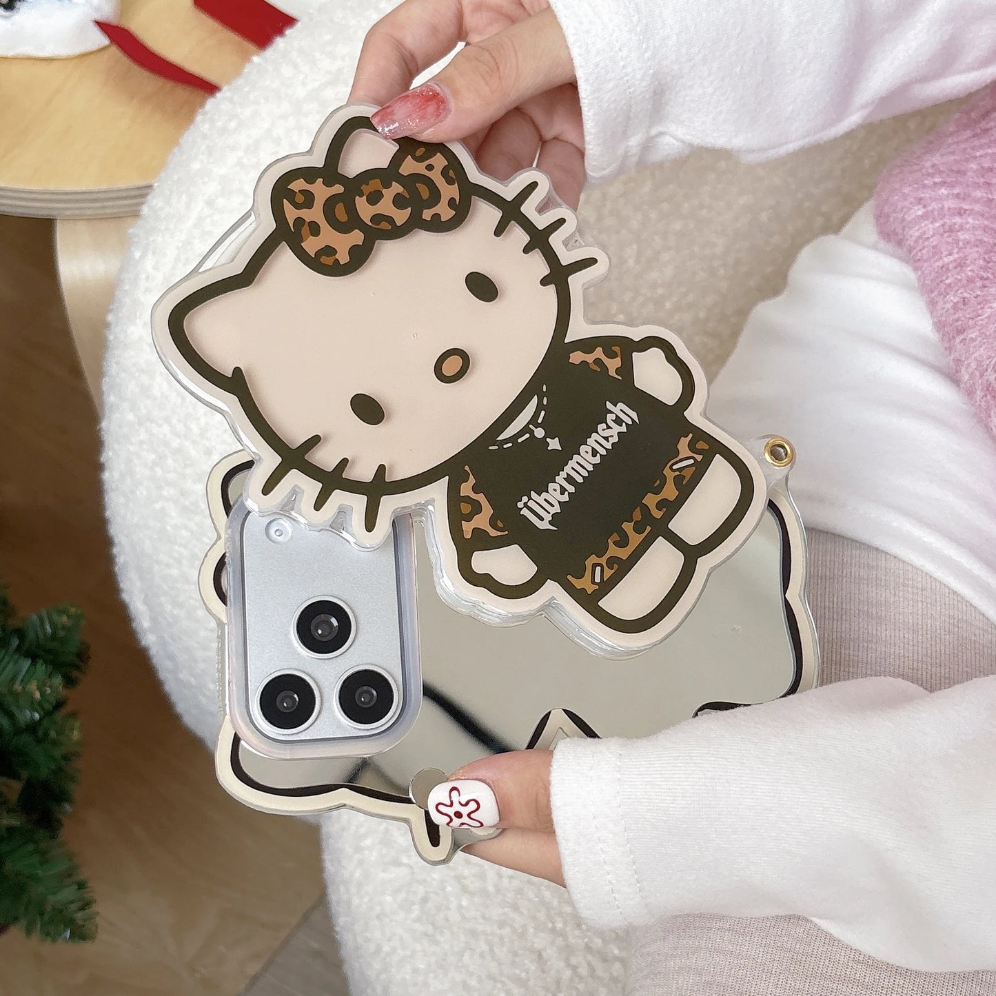 Sanrio Cartoon Glowing Hello Kitty Girlish Mirror Phone Case For IPhone 17 Pro Max 16 15 14 Promax Leopard Print Anti-drop Cover