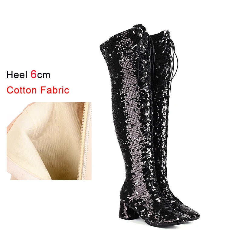 Glitter Bling Boots Women Over the knee Chunk High Heels Zipper Lace-Up Runway Lady Shoes Large Size Thigh High Boots Size 46