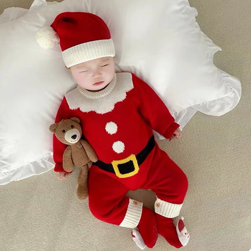 Infant Christmas Outfits Baby Romper Clothes Winter Red Santa Claus Knitted Newborn Infant Boy Girl Christmas Gift Jumpsuits+Hat