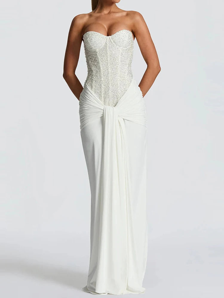 Women's Sexy Strapless Sleeveless Evening Dress Fashion Waist Slim Solid Wedding Dress Elegant Sequins Splicing Pleat Long Dress