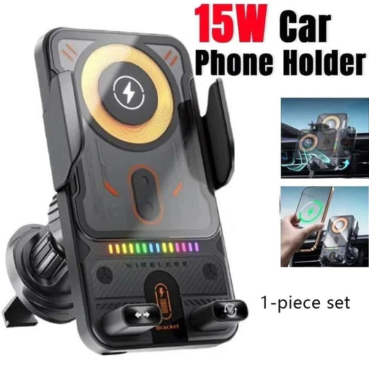 Auto-Sensing Car Wireless Charger Electric Rotating Mount Ambient Light Compatible Fast Charging Station for iPhone 17 16 15 14