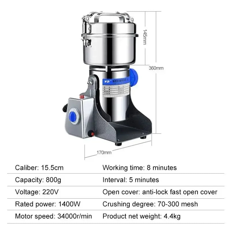 DIVEDEER 304 Stainless Steel Grinder Home Use 800g Small-Particle Grain Mill Herbal Medicine Grinder Ultra-Fine Pulverizer