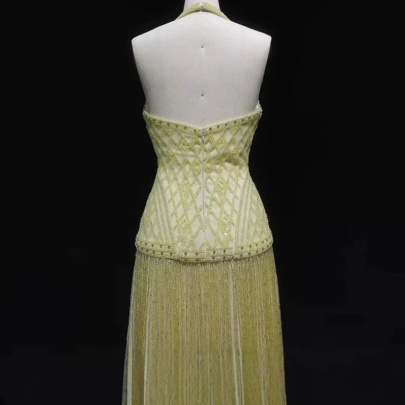 New 2026 Women's Banquet President Dress Fashion Sequin Tassel Slim Cocktail Dress Elegant Temperament Off Shoulder Strap Dress