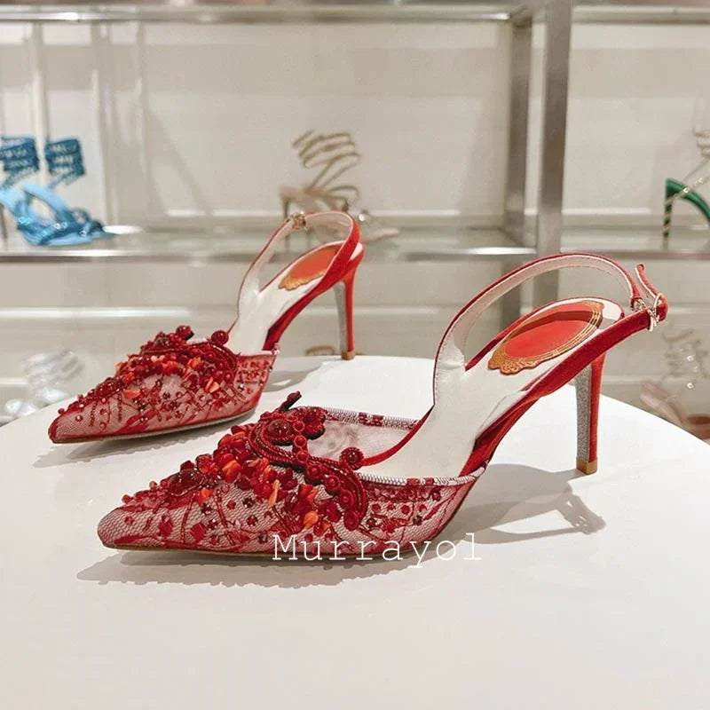 Pointed Toe Lace Gauze Thin High Heels Sandals Women Shine Rhinestone Decor Sandalias Summer Party Dress Wedding Shoes Pumps