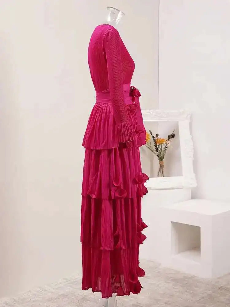 LANMREM Pleated Appliques Long Dresses For Women Round Collar Lace-up Full Sleeve Evening Party New 2025 Lady Dress 32S1173