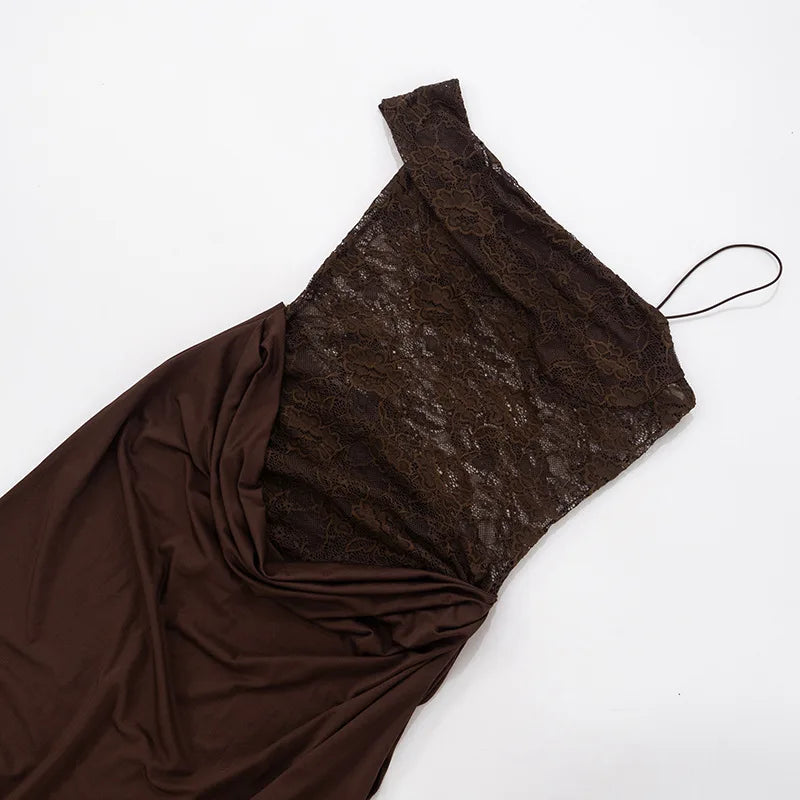 XIAOTANG One Shoulder Lace See Through Sexy Maxi Dress Women Gown Fashion Off-shoulder Sleeveless Backless Club Long Dresses