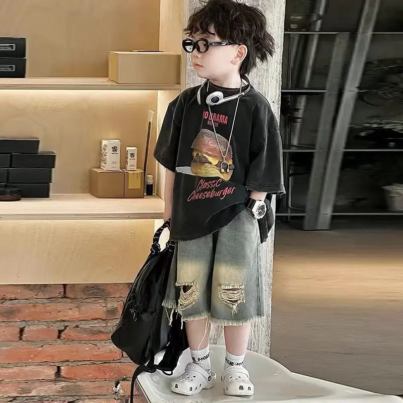 Baby Summer Clothes Boys Teen Suits 2025 New Kids Outdoor Clothes Letter Short Sleeve T-shirts + Denim Shorts 2 Piece Set 2-10Y
