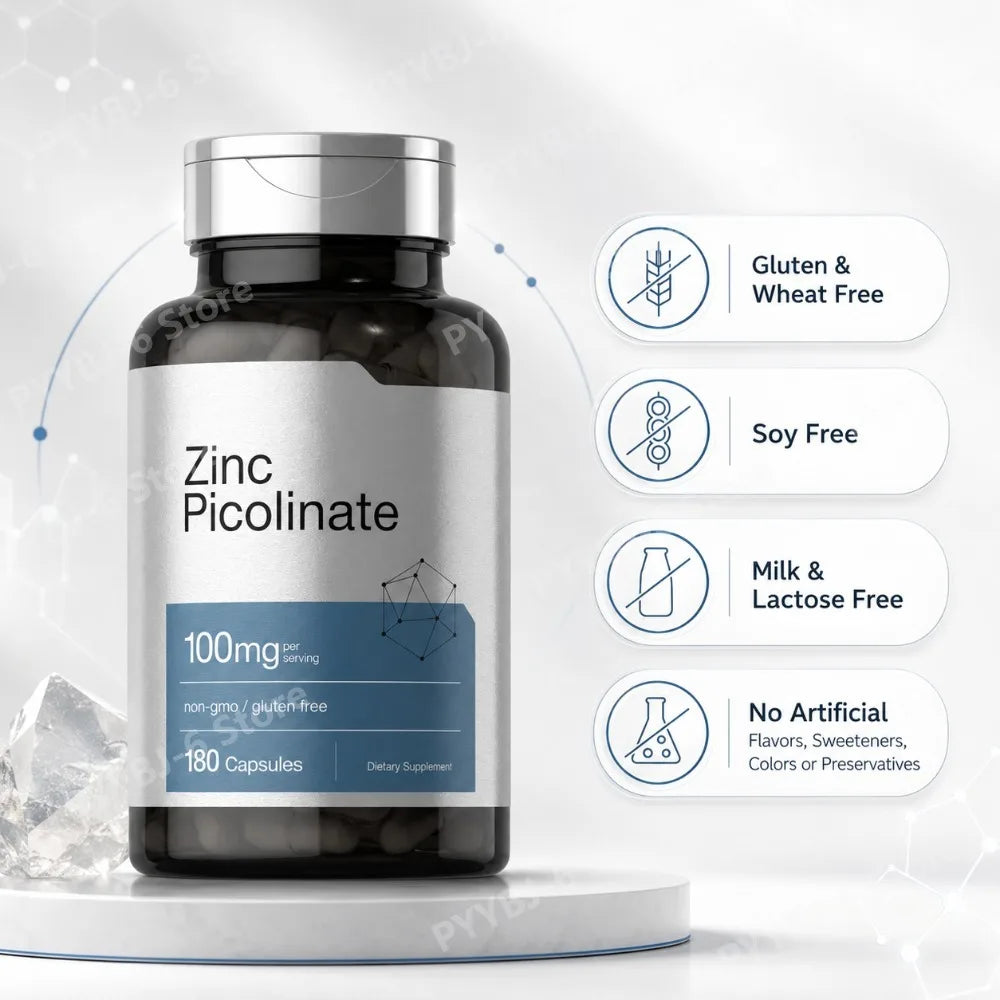 Zinc Picolinate 100mg 180 Capsules Mineral Supplement for Immune Support Skin Hair Nail Wellness Non-GMO Gluten Free for adults