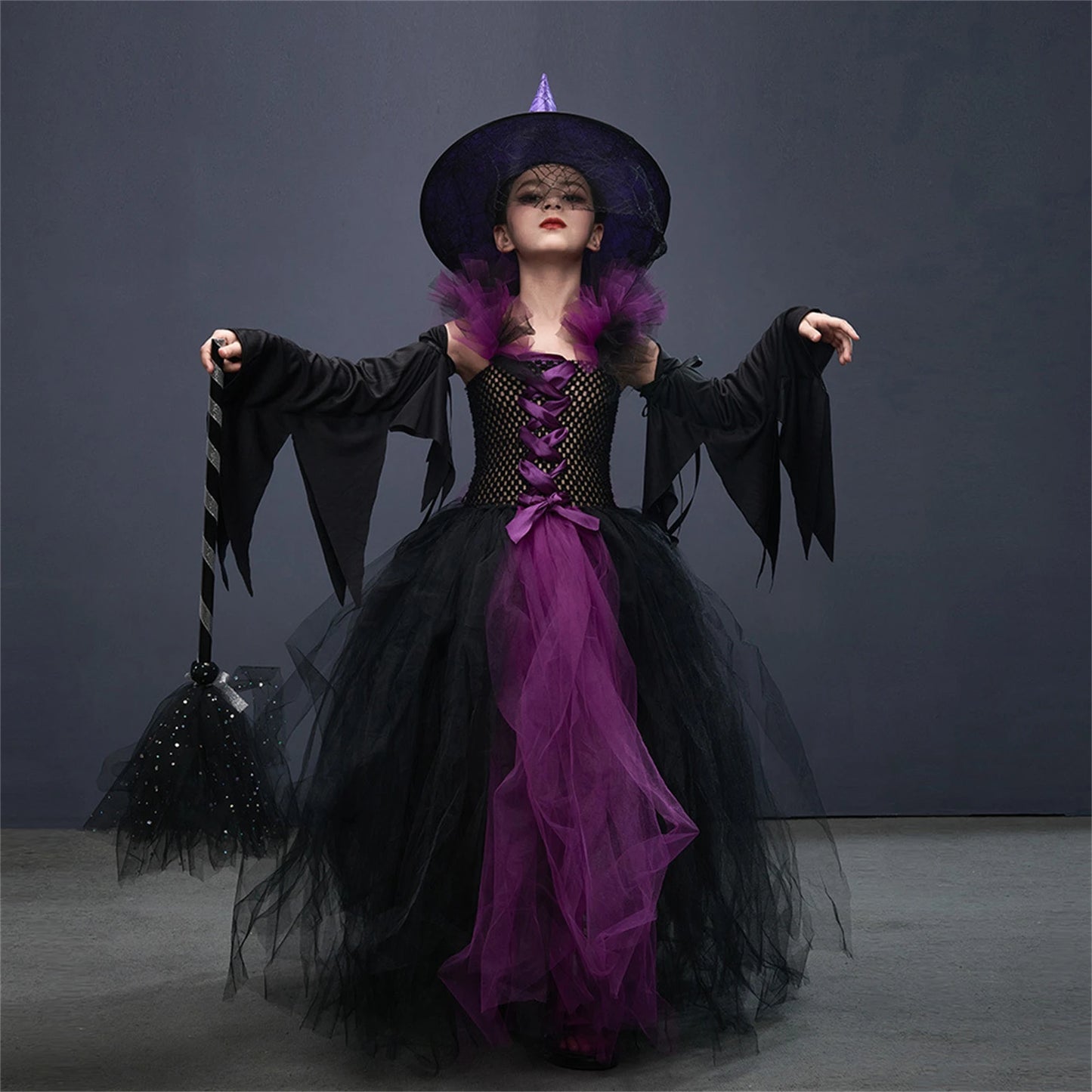 Halloween Witch Costume For Girls Kids Long Veil Dress Princess Dress Birthday Party Dress Stage Performance Dress