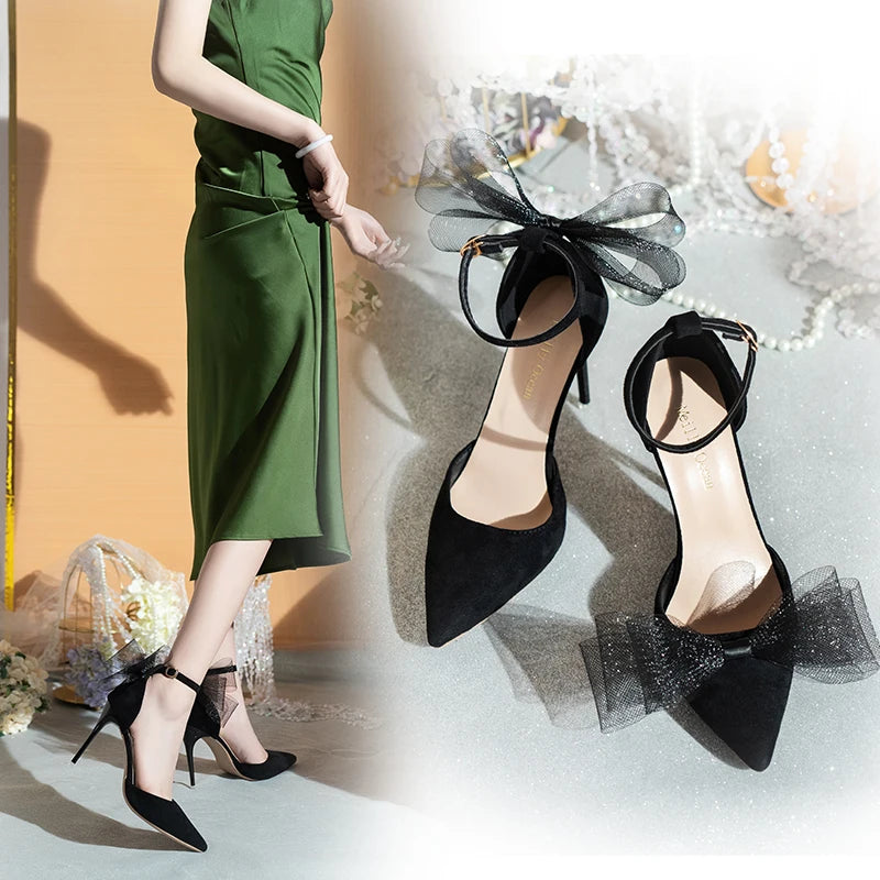 Fashion Silk Bowknot Satin Women Pumps Summer Pointed Toe High Heels Party Wedding Stripper Heels Lady Shoes Big size 45