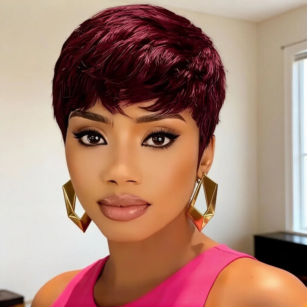 Human Hair Short Pixie Cut Wig for Women -Burgundy 99J Short Straight Human Hair Wig with Bangs,full machine made Natural Lookin