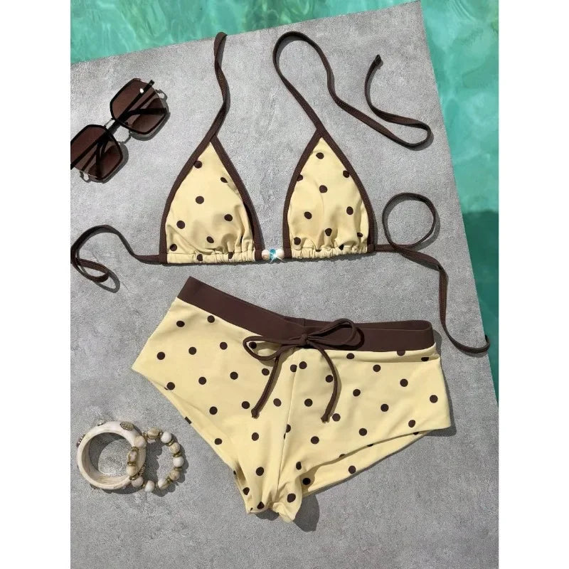 2026 New Beach Bathing Suit Women Polka Dot Halter Lace Up Swimsuits Bowknot Bikinis Swimsuits Print Beachwear Summer Swimwear