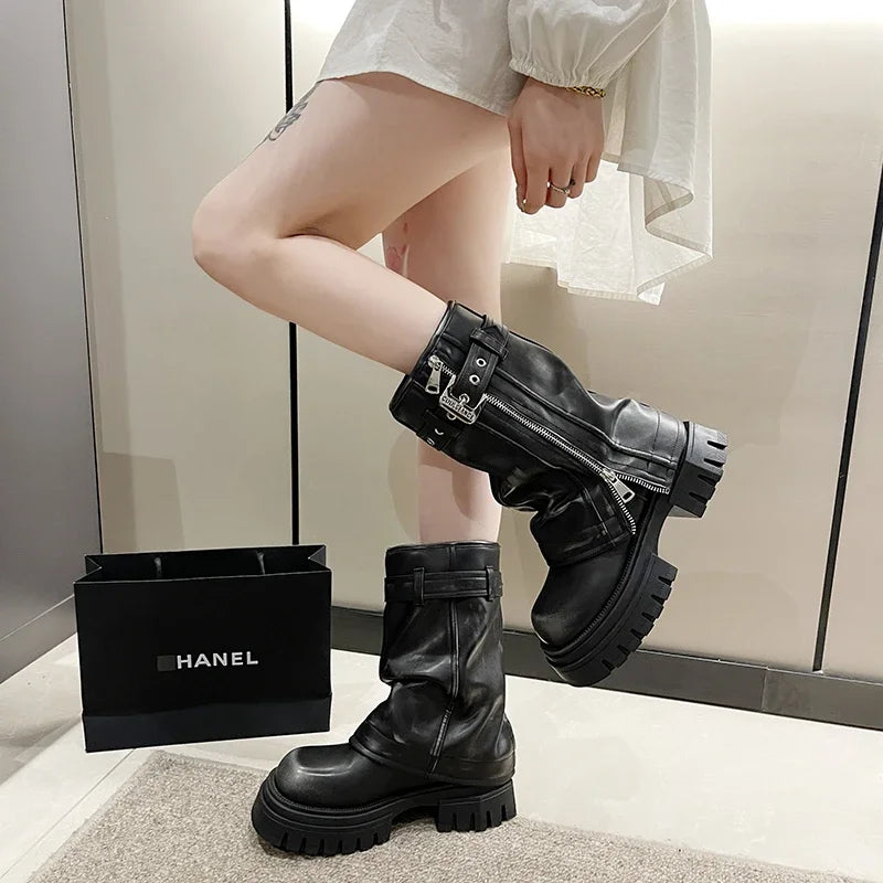 2025 Winter Designer Women Mid-calf Boots Western Short Boots Belt Buckle Soft Leather Boots Fashion Thick Bottom Platform Shoes