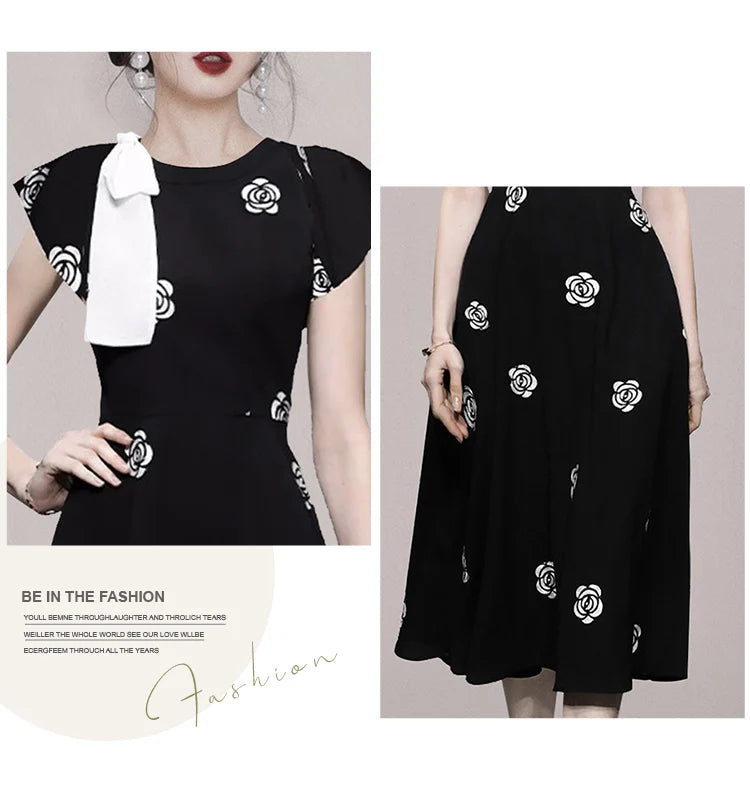 Designer Fashion New Summer Rose Flower Embroidery Office Dress Elegant Women O Neck Hit Color Bowknot Black Floral Midi Dresses