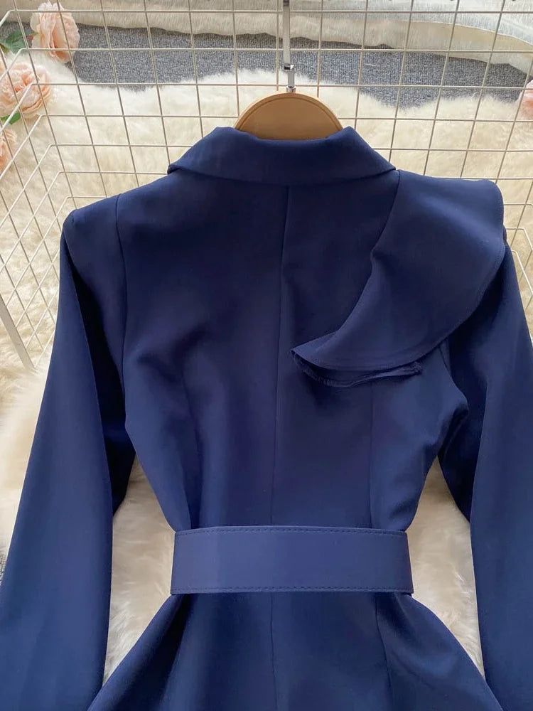 Women Elegant Office Dress Spring Autumn Long Sleeve Fashion Slim with Belt Midi Dresses Vintage Ladies Blazer Dress Vestidos