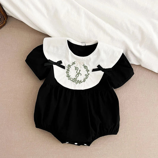 New Baby Girls Clothing Summer Infant Baby Girls Jumpsuit Retro Short Sleeve Cotton Embroidery Bow Newborn Baby Girls Bodysuits