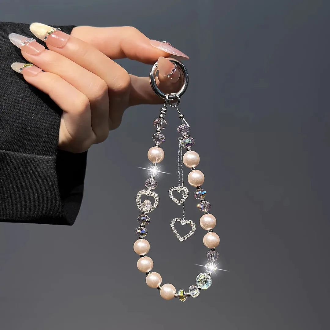 Fashionable Light Luxury Beaded Crystal Mobile Phone Chain Pendant Rhinestone Love Pendant Pearl Mobile Phone Lanyard Wrist Hand