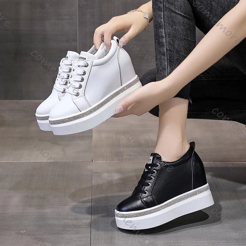 Comemore Internal High Vulcanised Shoes Women Spring Autumn Thick Bottom Casual Single Shoes Lace Up Black White Sneakers Women