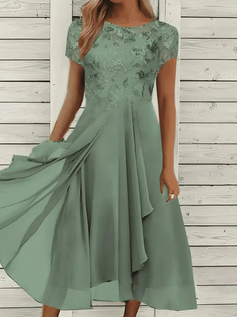 New 2025 Women's Lace Dress for Party Elegant Bride Wedding Dress Plus Size Jewel Neck Knee Length Chiffon Lace Long Party Dress