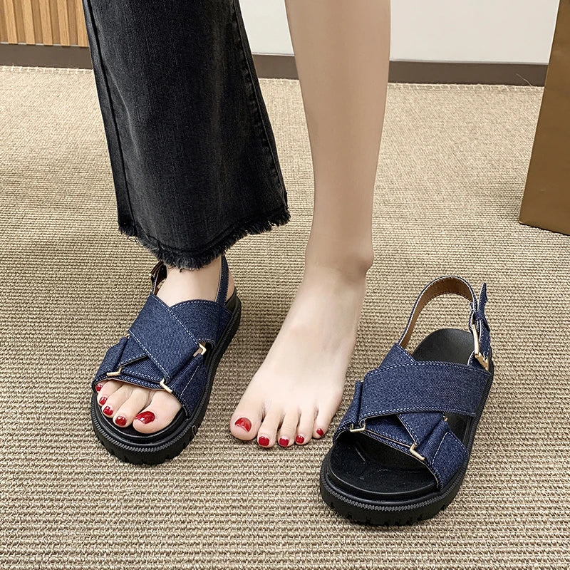 Denim Cross-strap Thick Sole Sandals Women 2025 New Summer Platform Shoes  Woman Outdoor Casual Sports Beach Shoes Slippers