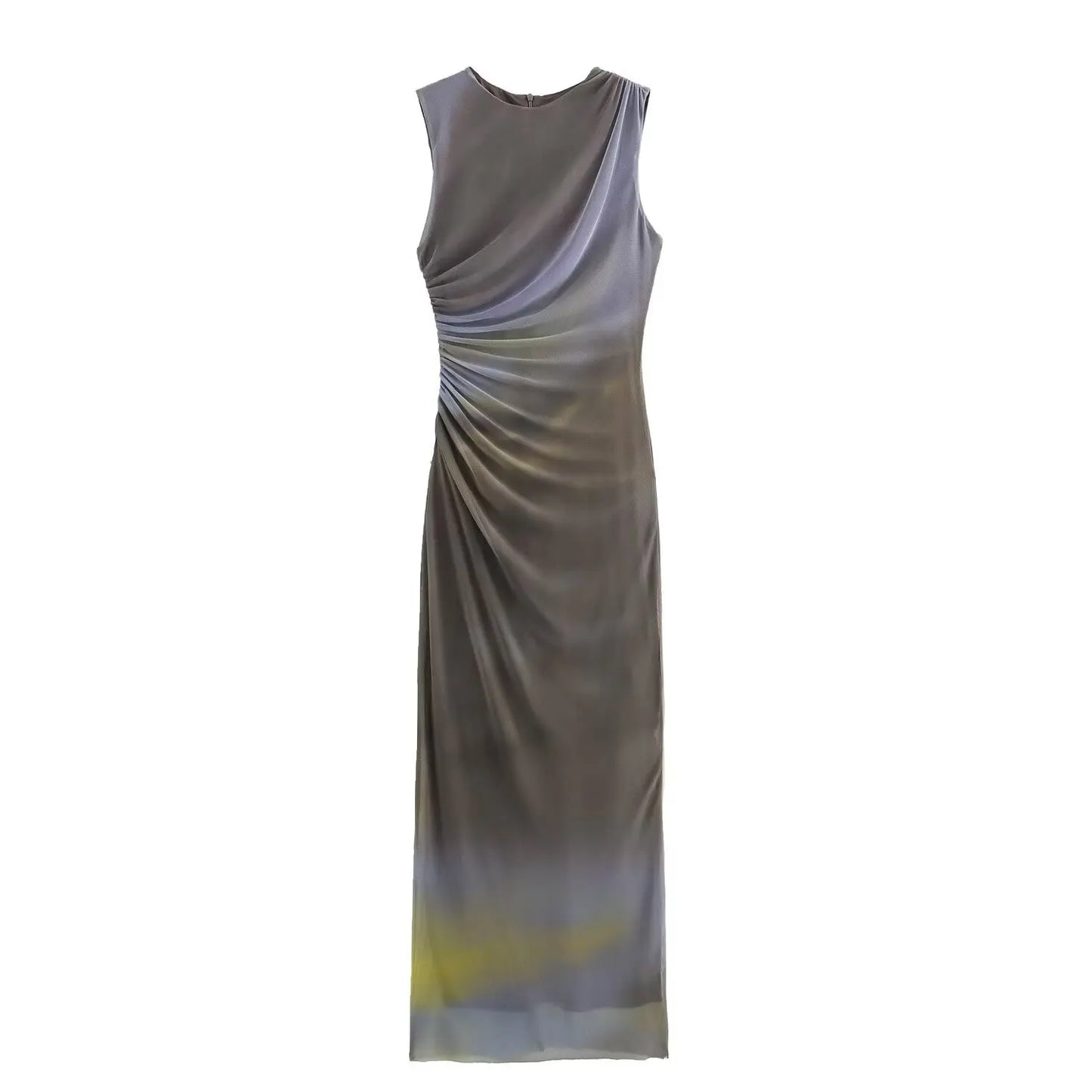 Autumn O-Neck Sleeveless Mesh Pleated Midi Dress Women Back Zipper Decoration Slim Vest Dress Female Sexy Elegant Wear 2025 New