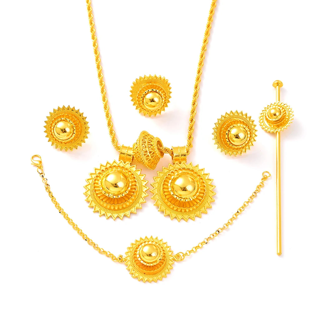 Ethiopian  Jewelry 2pcs Pendant/Necklace/Earring/Ring/Bracelet Gold Color Eritrea Set Man Women's Habesha Wedding Party Gift