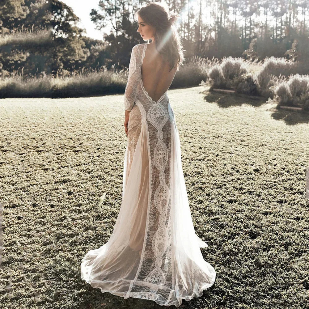2025 Spring New Women's Celebrity Banquet Wedding Dress Crew Neck Long Sleeve Printed Halter Lace Dress