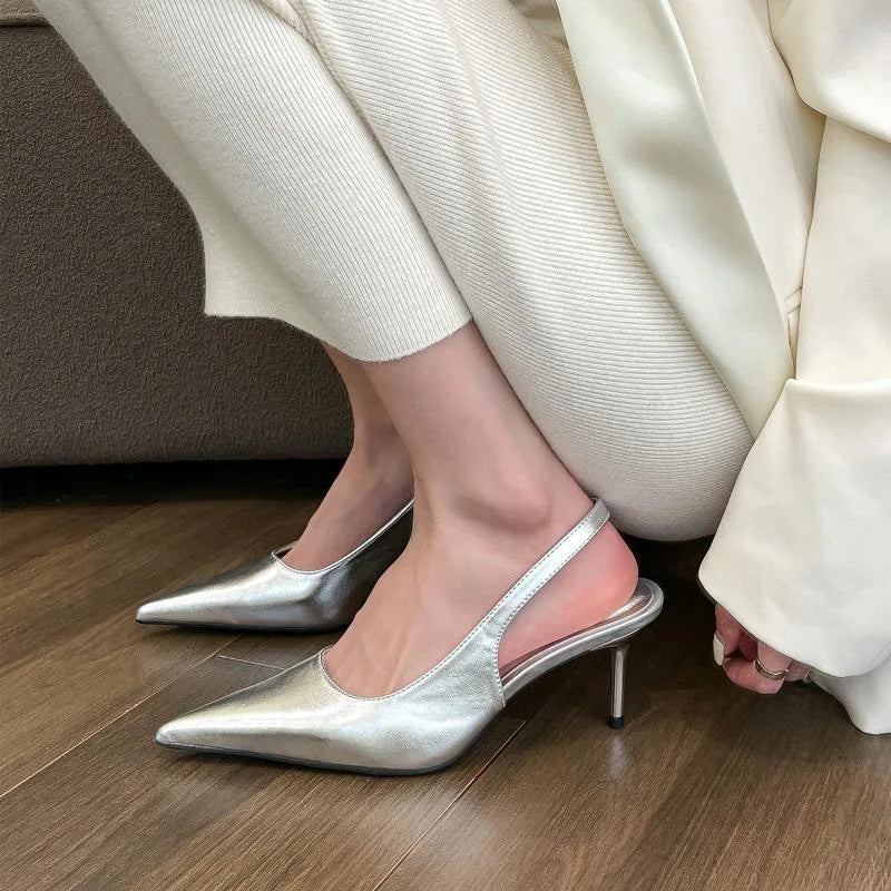 Elegant High Heels Silver Pumps Women Summer Slingbacks Pointed Toe Party Shoes Woman Solid Thin Heeled Sandals Ladies