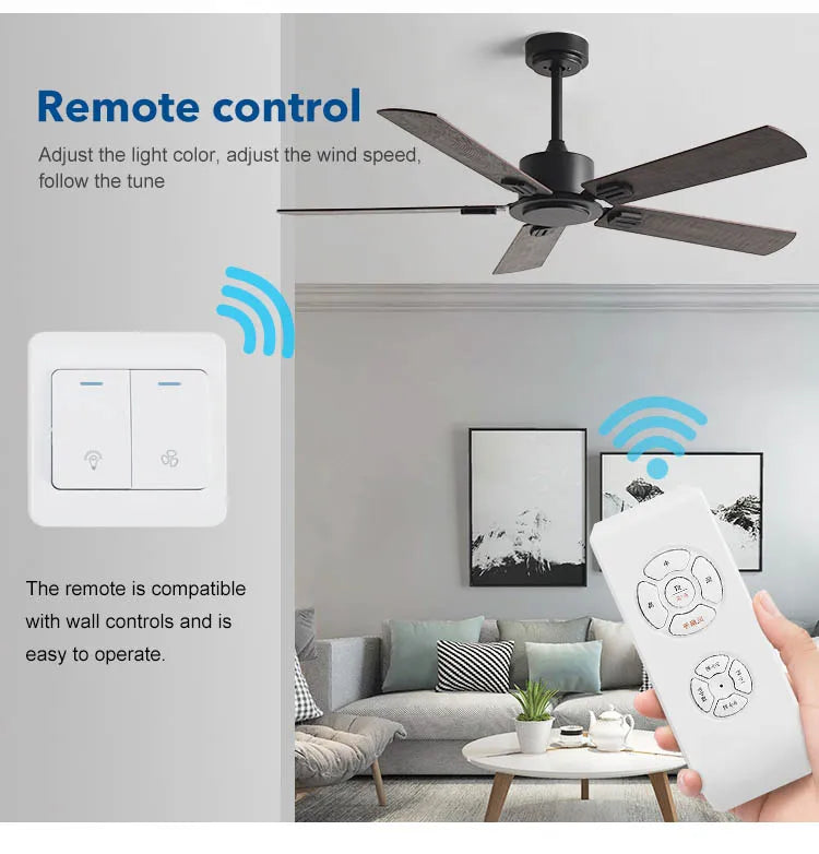 Large Ceiling Fan 52 Inch 5 Wood-Style Blades DC Mo tor Remote Control Quiet Running Fan for Living Room