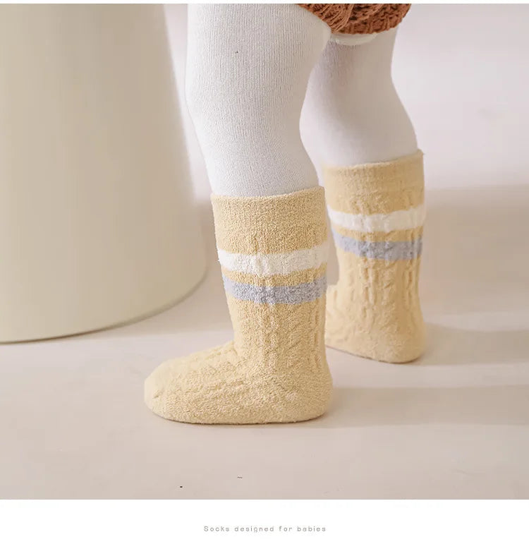 3/5 Pairs Winter Warm Baby Mid Tube Socks Soft Thickned Striped Newborn Socks Toddler Socks For Boys And Girls