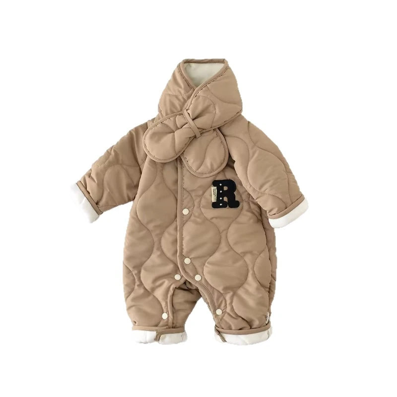 Baby Boy Autumn-Winter Thickened Romper with Scarf - Cute Letter Print Long Sleeve Onesie, Halloween Outdoor Warm Jumpsuit