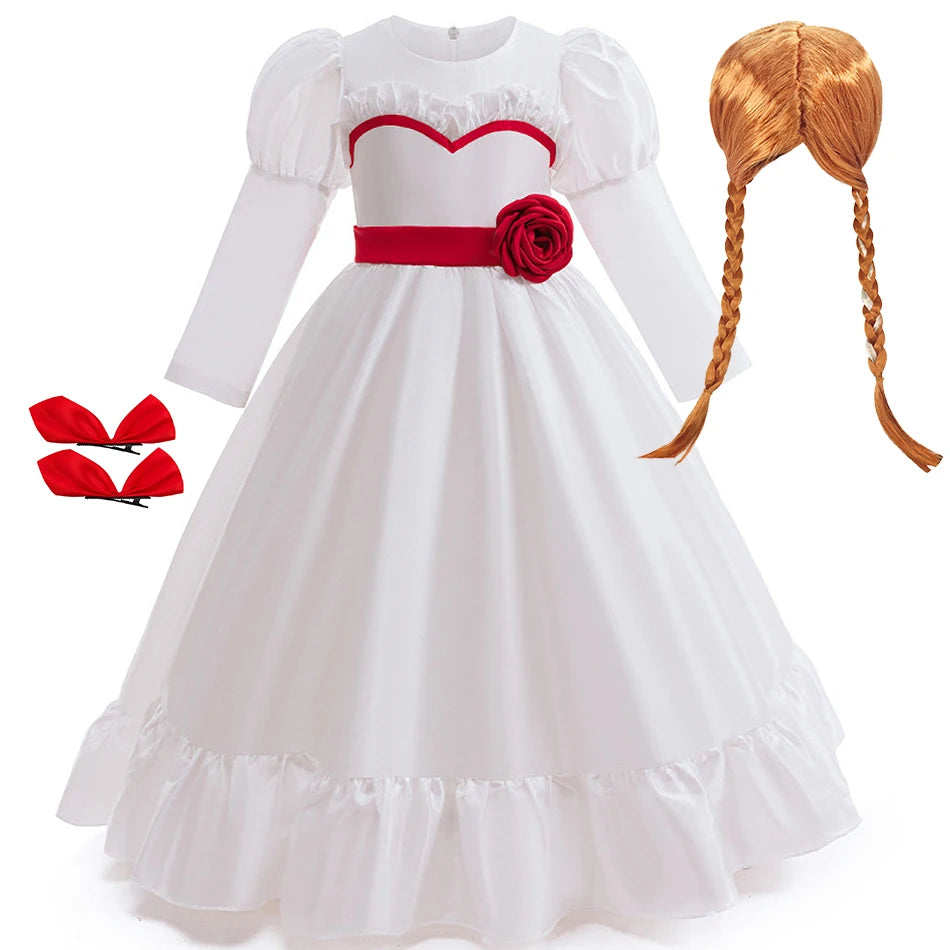 Horror Movie Annabelle Cosplay Costume Girl Long Sleeve Rose Dress For Kid Scary Ghost Role Play Halloween Carnival Party Outfit