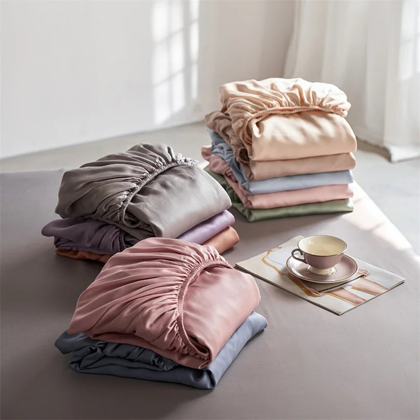 Pure Natural Mulberry Silk Fitted Sheet with All Around Elastic Band Soft Silky Breathable Mattress Cover Luxury Anti-Slip Sheet