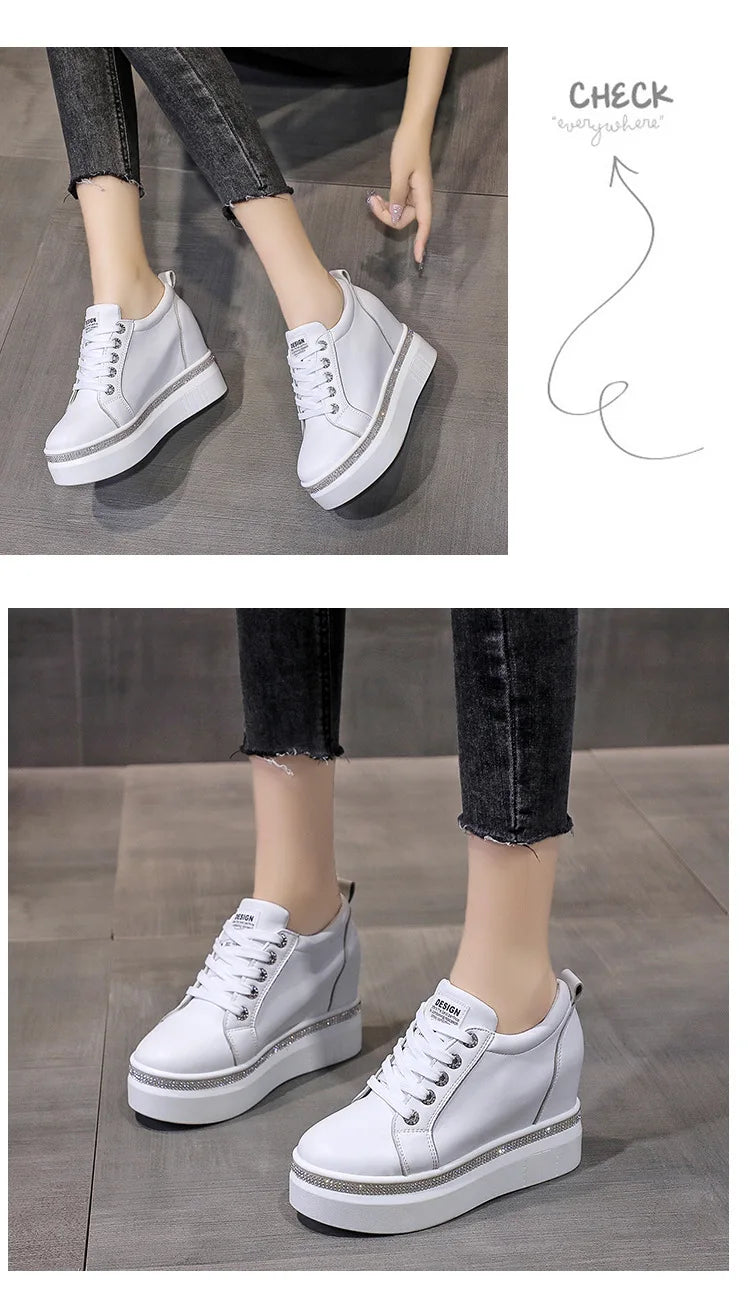 Comemore Internal High Vulcanised Shoes Women Spring Autumn Thick Bottom Casual Single Shoes Lace Up Black White Sneakers Women