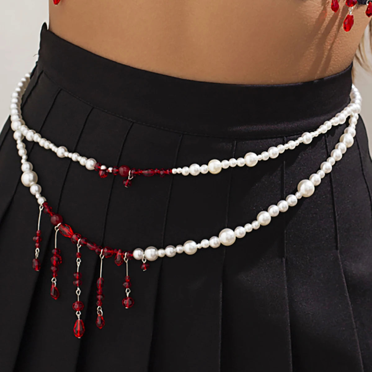 Salircon Punk Imitation Pearl Double Layer Waist Chain Gothic Red Crystal Bead Pendant Belly Chain Women Sexy Trend Body Jewelry