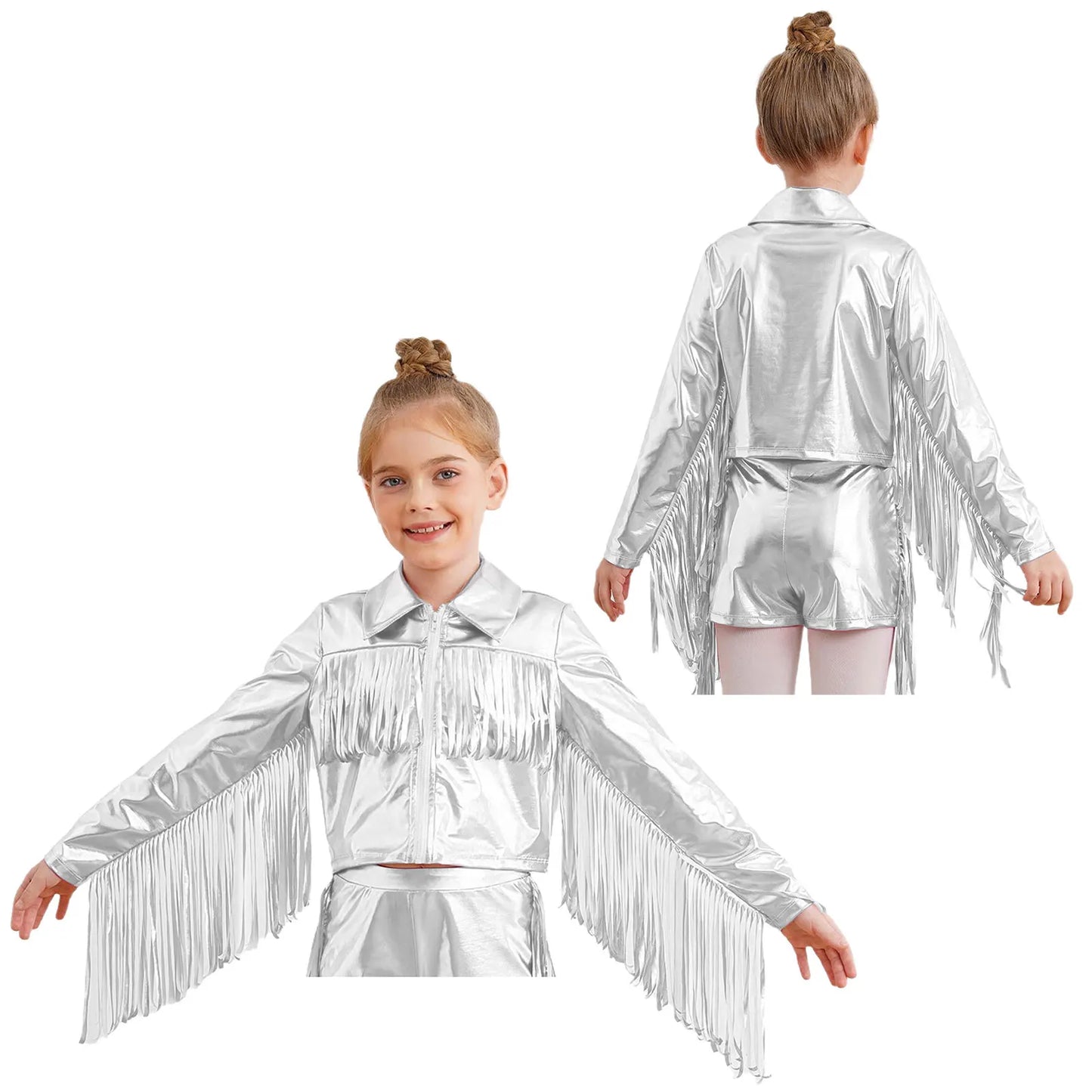 Girl's Tassels Jackets Streetwear Metallic Jazz Dance Costume Turn-Down Collar Childs Fashion Fringe Coats Jacket Party Jacket
