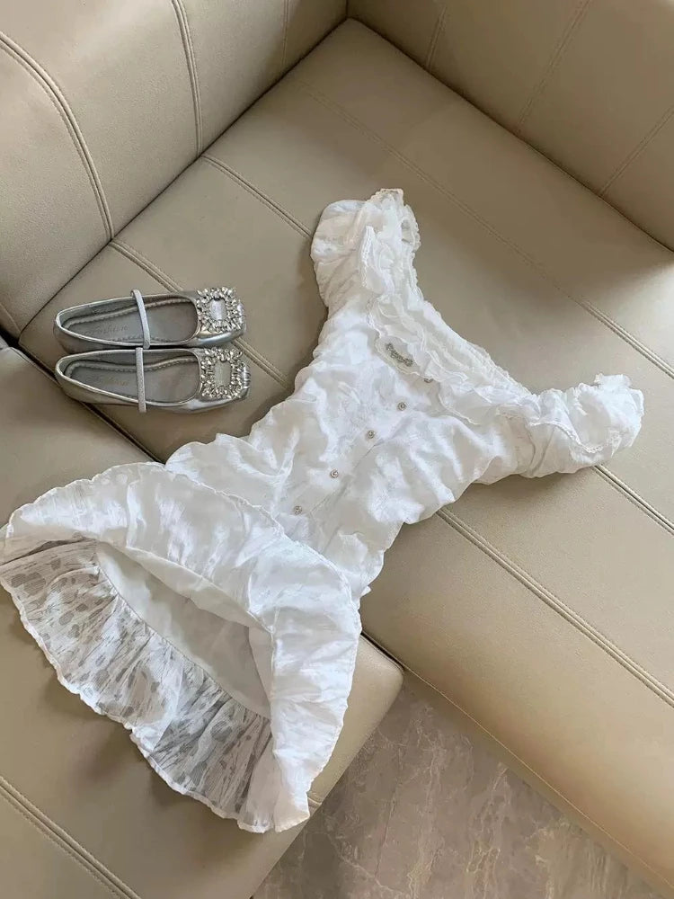 White Sweet Slim Lace Fairy Dress Women French Elegant Sexy Style Summer Dresses New Design Fashion Single-breasted Clothes 2025