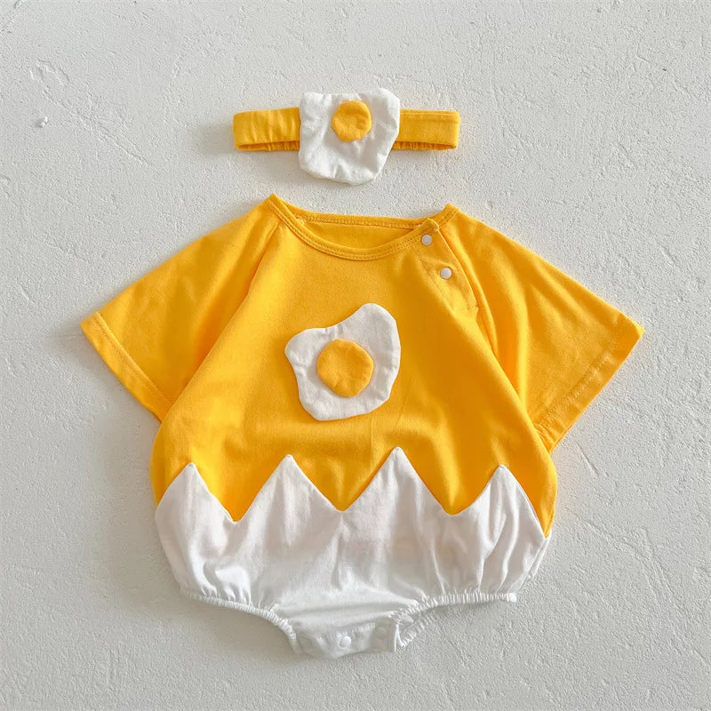 Summer Baby Newborn Romper Fried Egg with Headband Yellow Toddler Clothing Short Sleeve Infant Bodysuit Set 0-2Y Cute Jumpsuit