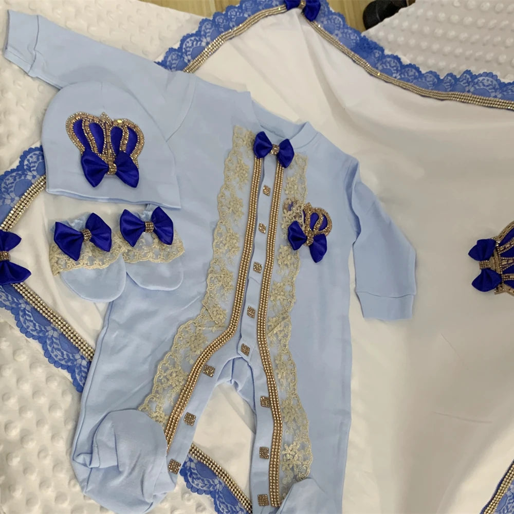 5pcs Baby Girl Outfits Set Welcome Home Hosptial Infant Receiving Blanket Pillow Bed Hat Mittens Romper Set