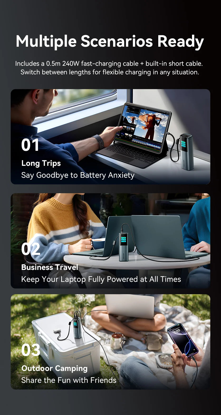 Vention 200W 27000mAh Power Bank Build-in Retractable USB-C Cable Portable External Battery Charger For Laptop Smart TFT Display