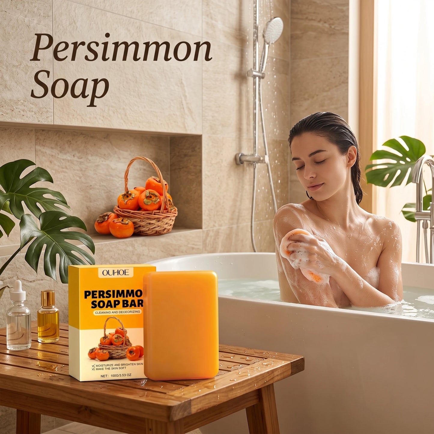 Persimmon Soap Bar Odor Removal Bath Bar Natural Deodorizing Body Cleansing Soap Soften Rough Skin Moisturizing Bath Soap