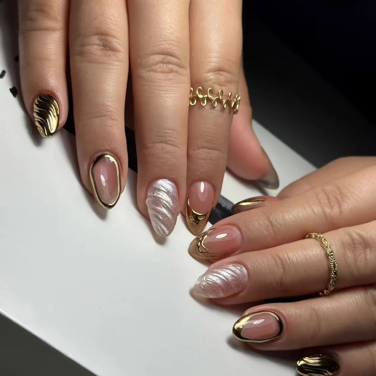 24pcs Long Almond False Nails with Flower Pearl Rhinestone Design Fake Nails Leopard Print Press on Nails Sets Finished Manicure