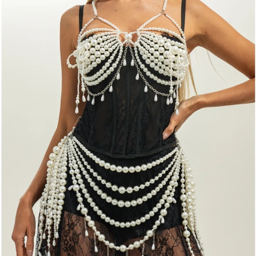 Sexy Exaggerated Imitation Pearl Beaded Tassels Bikini Chest Chain Waist Chain Women's Fashion Show Beaded Necklace Body Jewelry