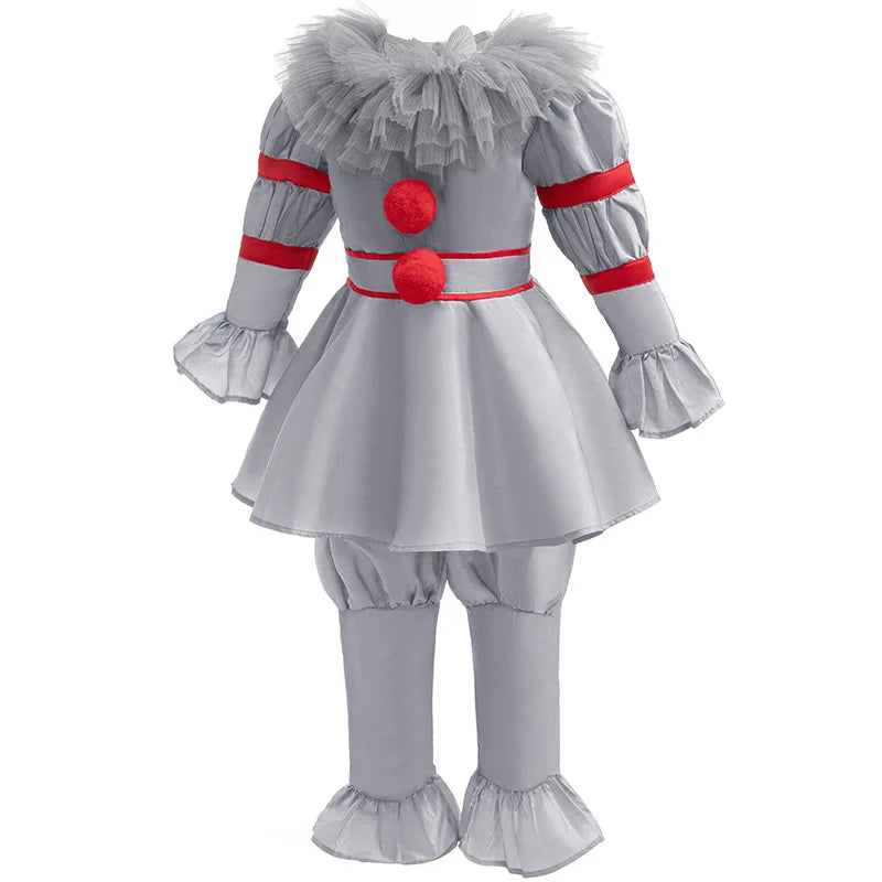 Halloween Costume Girl	Scary Clown Cosplay Costume Long Sleeve Dress+Pants 2pcs Sets For Children Carnival Pennywise Costume