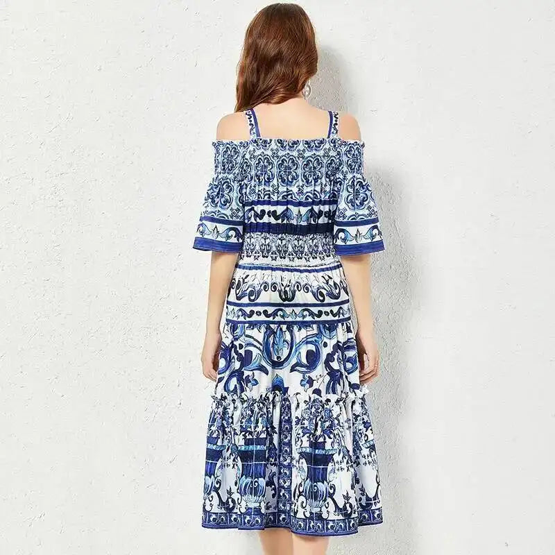 JAMERARY Summer Runway Blue White Porcelain Print Midi Dress Women's Straps Flare Sleeve Elastic Waist Cotton Floral Vestidos
