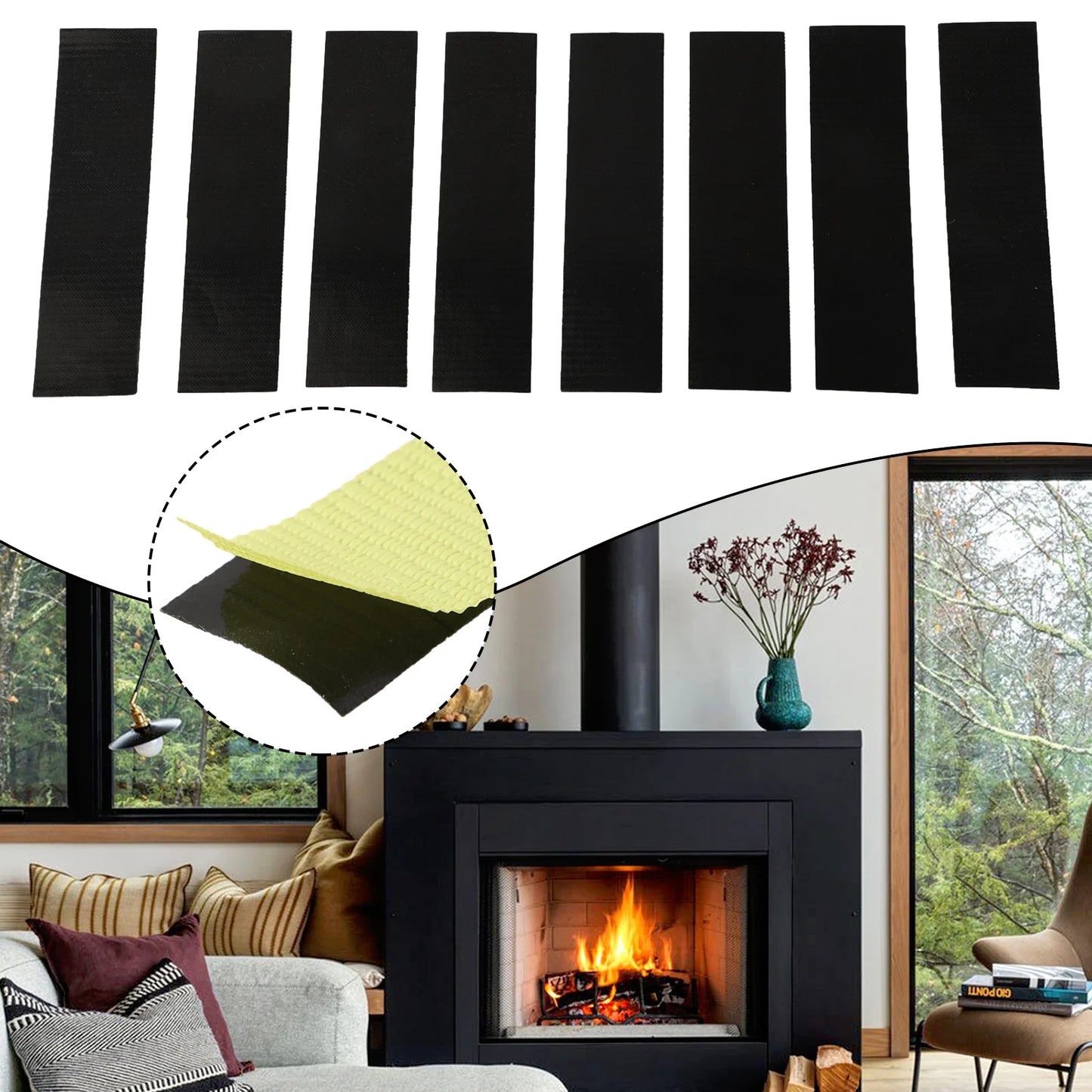8pc Self-Adhesive Fireplace End Tape Glass Fabric Black Tape Sealing Cord End 10*2.5cm High Temperature Resistance Stoves Parts