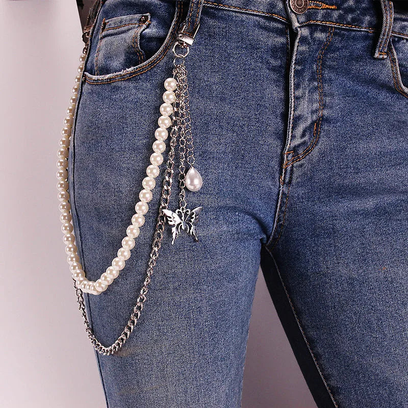 Round Cute White Pearl Belly Chain for Women Trousers Hipster Pant Jean Resin Keychain Ring Clip Tassel Art Accessory
