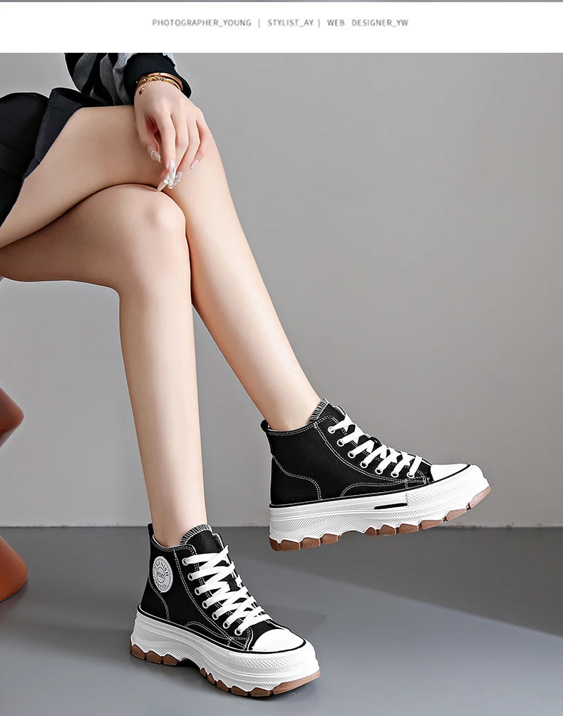 2026Women Canvas Shoes High Top Women's Vulcanize Shoes Lace-Up Casual Ladies Sneakers Plarform Non-slip Round Head Female Shoes