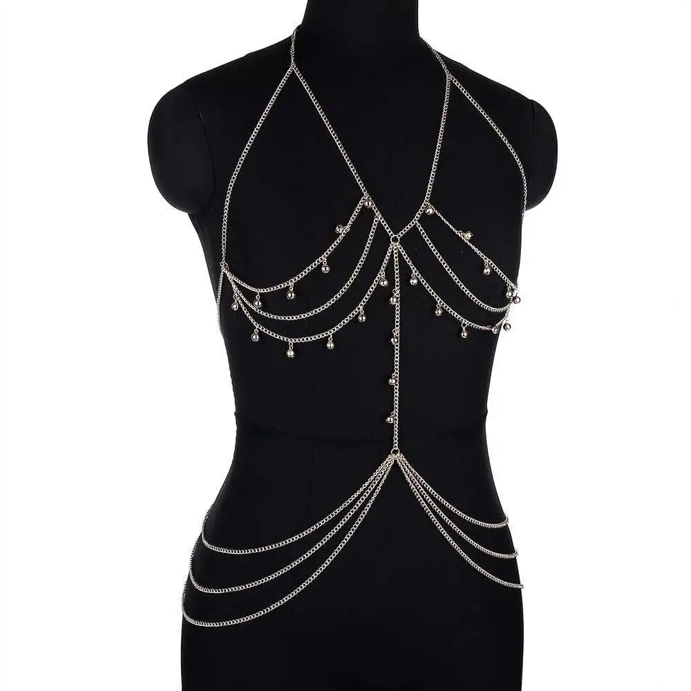 Women Sexy Silver Color Multi-layer Link Chain Chest Necklace Belly Bodychain Girls Bra Bikini Accessories Beach Holiday Gift