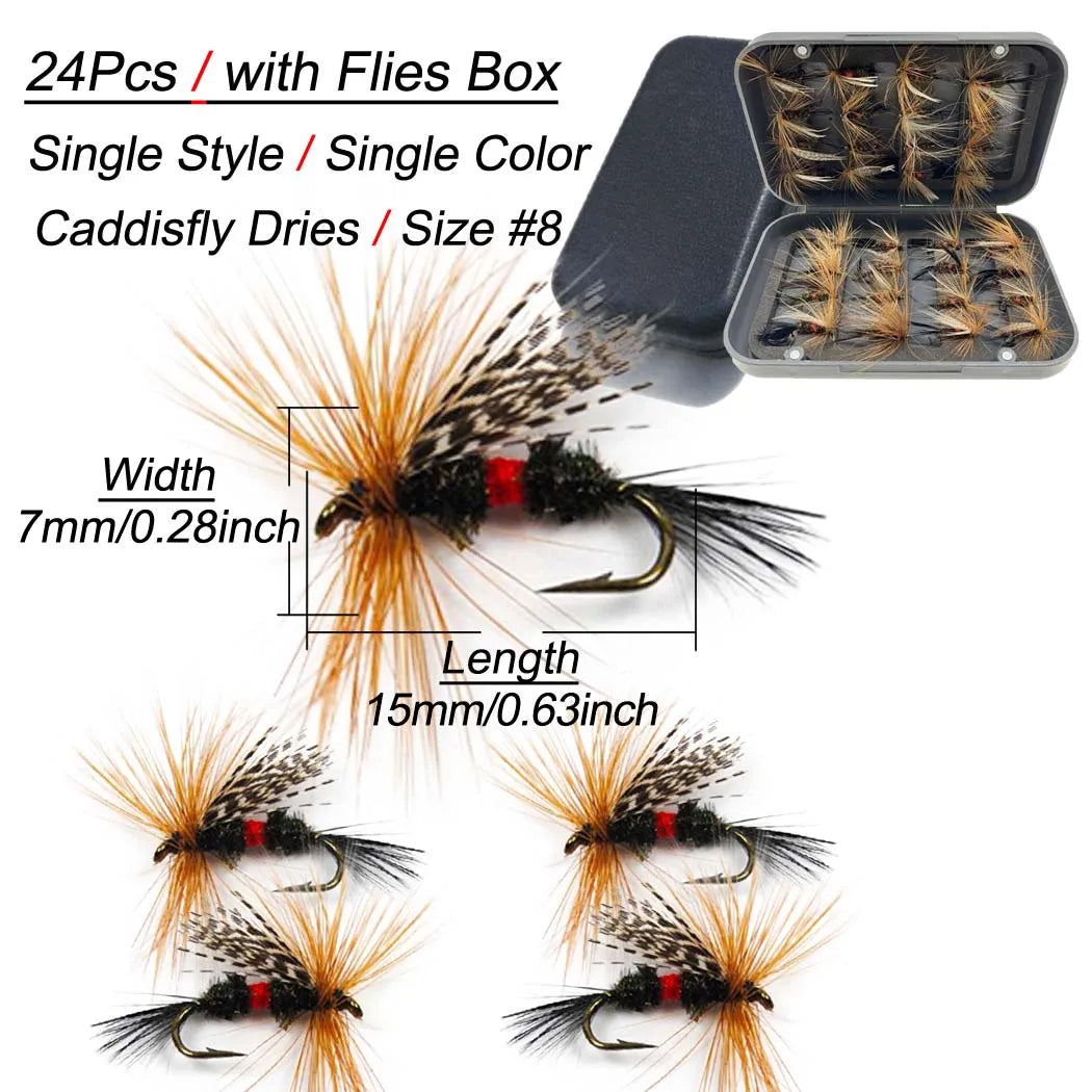 24-100Pcs Dry/Wet Flies Handmade Fly Fishing Artificial Fly Baits Lures Fly Assortment Trout Bass Fishing, with Flies Box